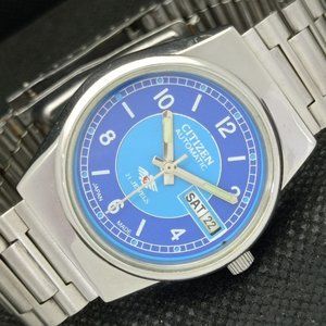 Vintage 1971 Citizen Automatic Mens Silver Watch W/daydate & Blue accents